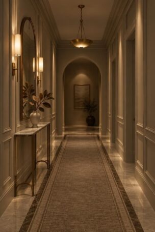 A warm luxury hallway entrance with paneled greige walls, bordered marble floor, plaster arch, and brass lighting at dusk.