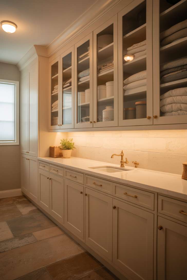 13 Luxury Laundry Room Ideas That Make Chores Enjoyable 1 Luxury laundry room with floor-to-ceiling custom white shaker cabinetry and brushed brass hardware
