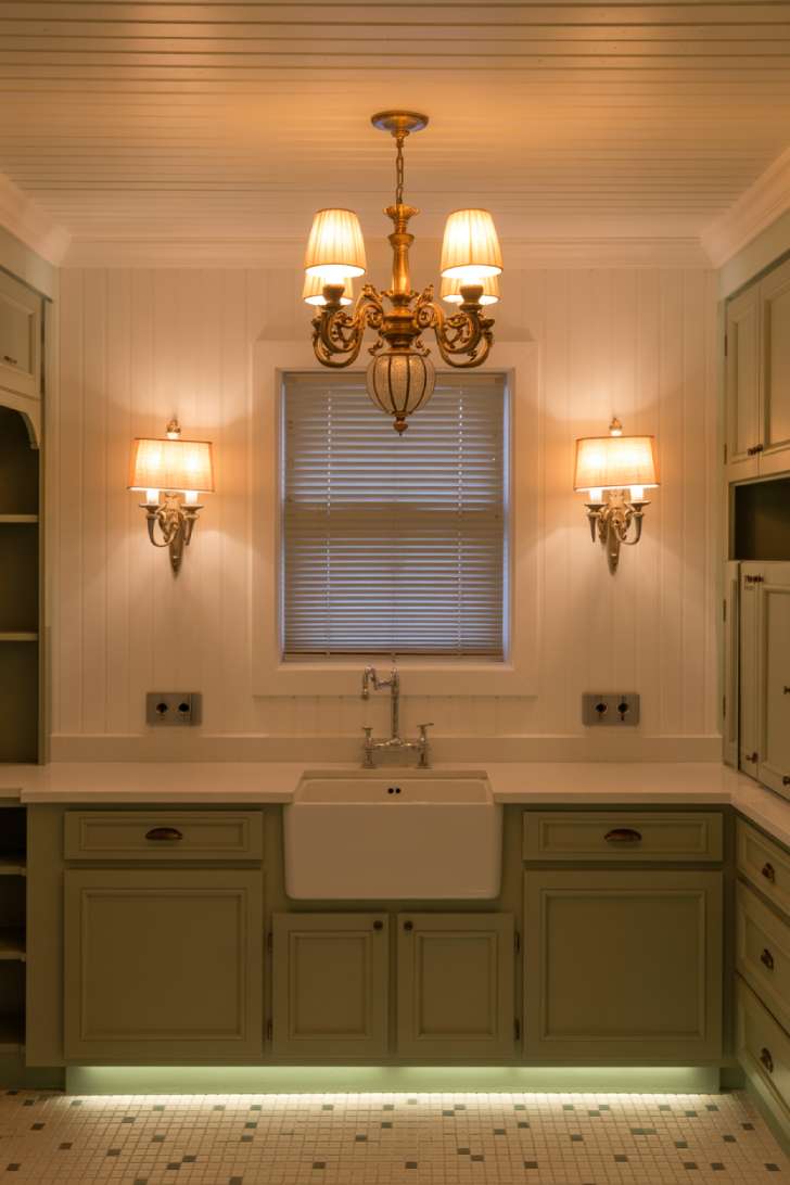 13 Luxury Laundry Room Ideas That Make Chores Enjoyable 10 Luxury laundry room with brass chandelier, wall sconces, and under-cabinet lighting over sage green cabinetry