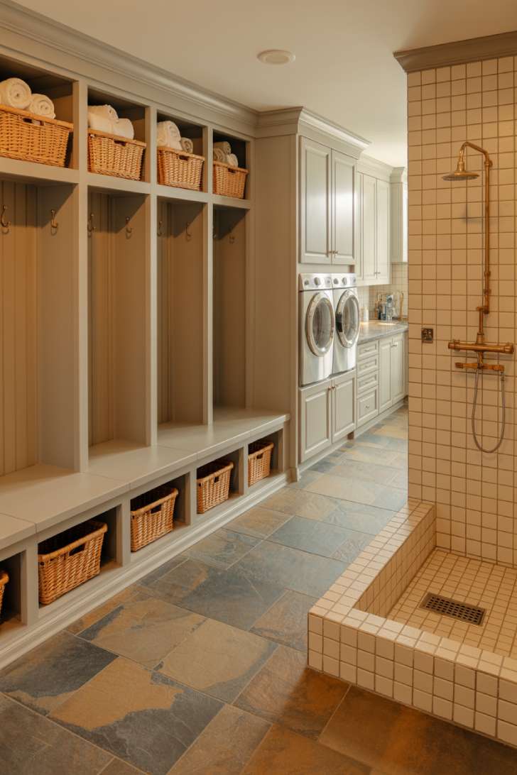 13 Luxury Laundry Room Ideas That Make Chores Enjoyable 11 Luxury laundry and mudroom combination with built-in lockers, lift-top bench storage, and dog washing station