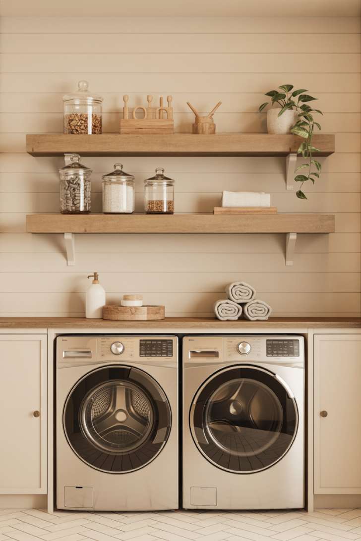 13 Luxury Laundry Room Ideas That Make Chores Enjoyable 12 Floating light oak shelves above laundry appliances styled with glass apothecary jars, plant, and folded towels