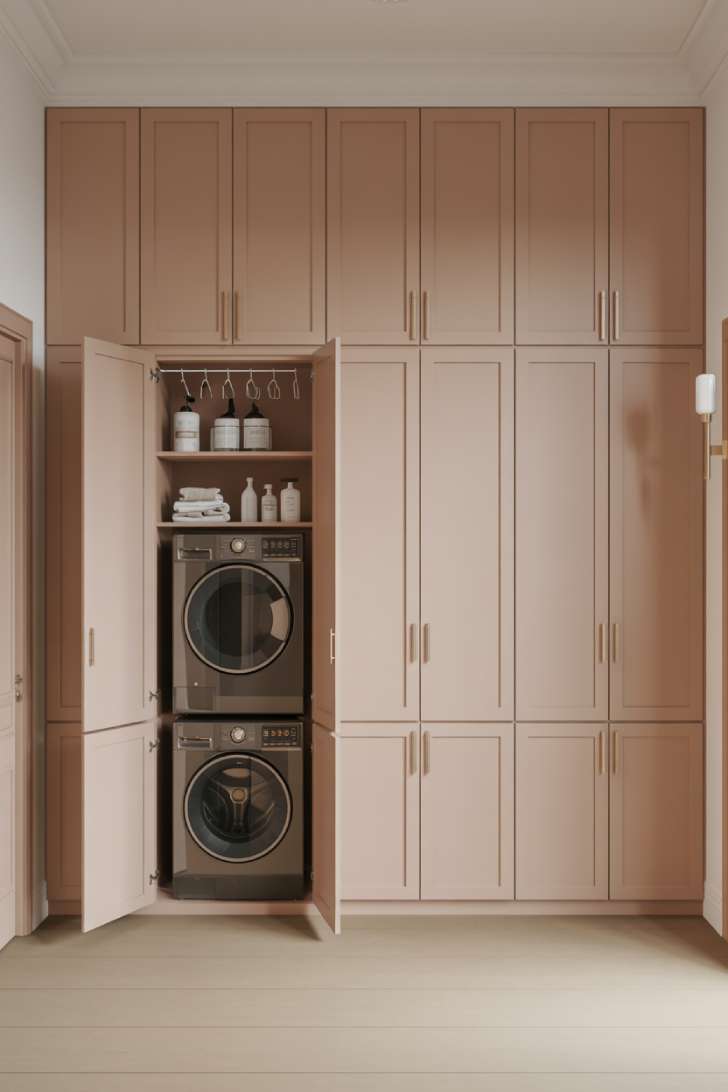 13 Luxury Laundry Room Ideas That Make Chores Enjoyable 13 Invisible laundry room hidden behind floor-to-ceiling greige flat-panel hallway cabinetry with open doors revealing stacked appliances