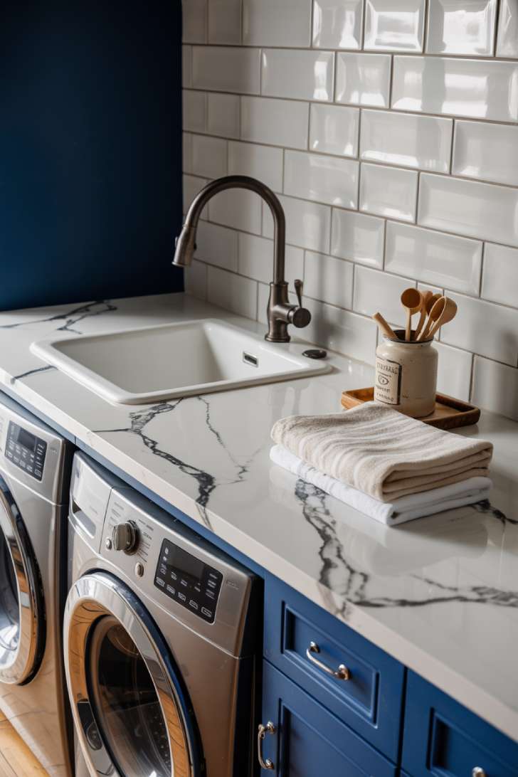 13 Luxury Laundry Room Ideas That Make Chores Enjoyable 2 Calacatta marble countertop above navy blue laundry room cabinetry with matte black faucet and undermount sink