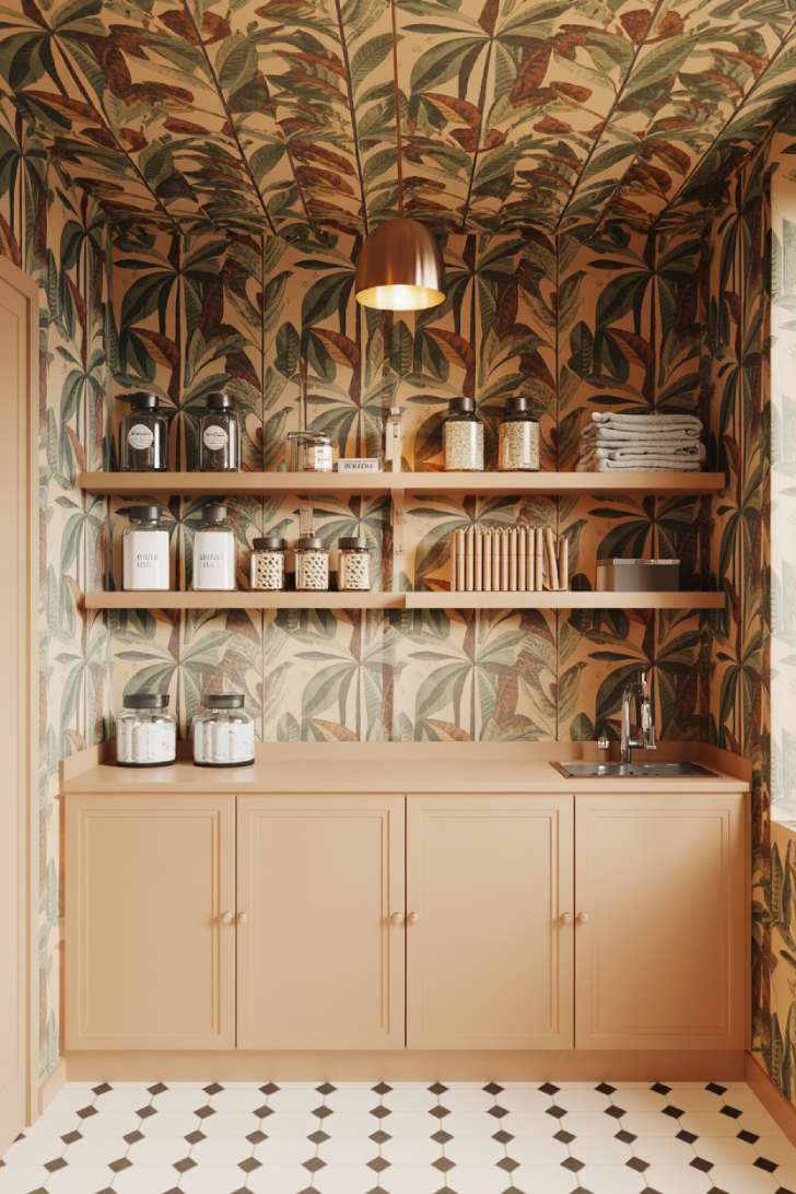 13 Luxury Laundry Room Ideas That Make Chores Enjoyable 3 Luxury laundry room with bold botanical wallpaper, black and white hex tile floor, and brass pendant lighting