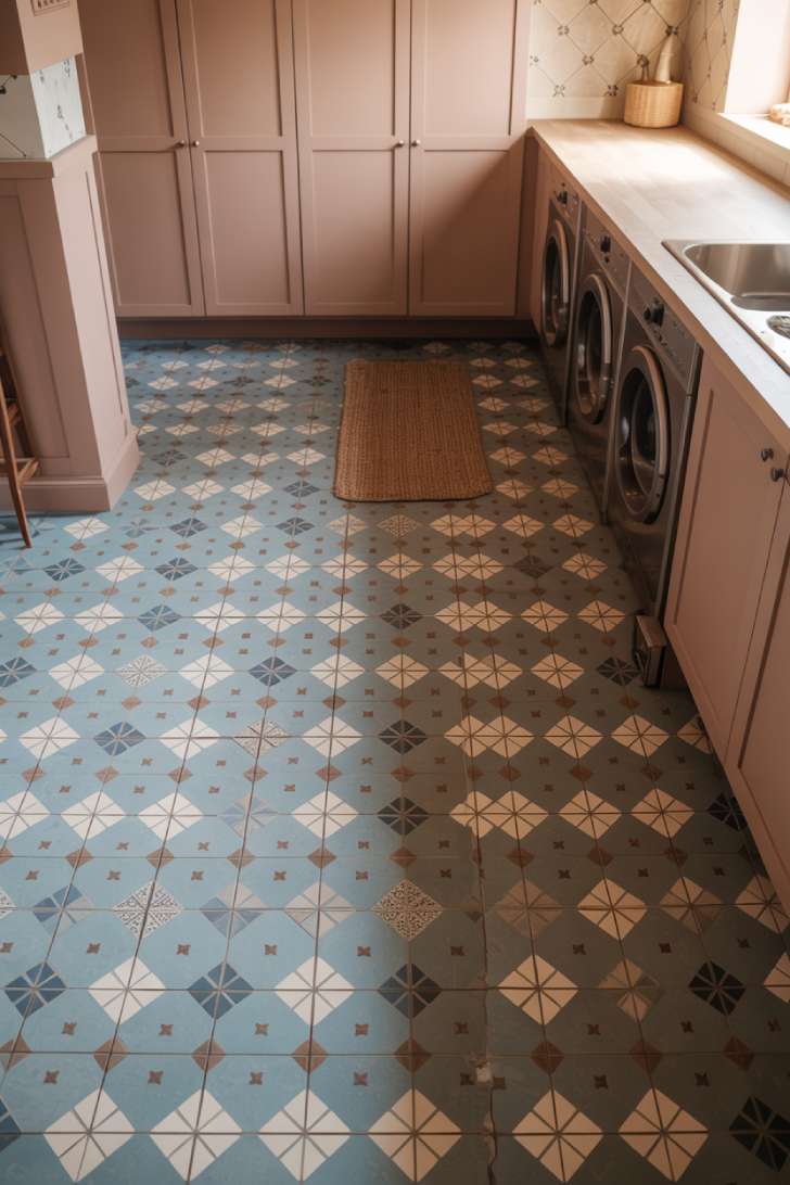 13 Luxury Laundry Room Ideas That Make Chores Enjoyable 4 Luxury laundry room with Moroccan encaustic cement tile floor in blue terracotta and white pattern