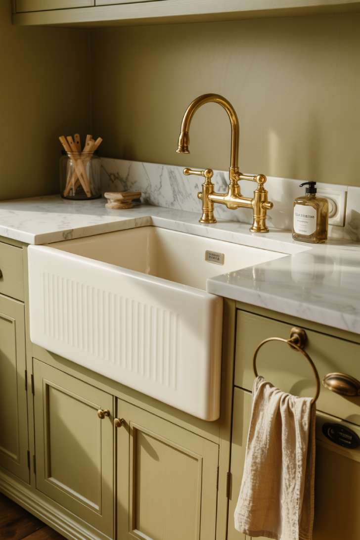13 Luxury Laundry Room Ideas That Make Chores Enjoyable 5 Farmhouse apron-front fireclay sink in sage green laundry room cabinetry with brushed brass fixtures