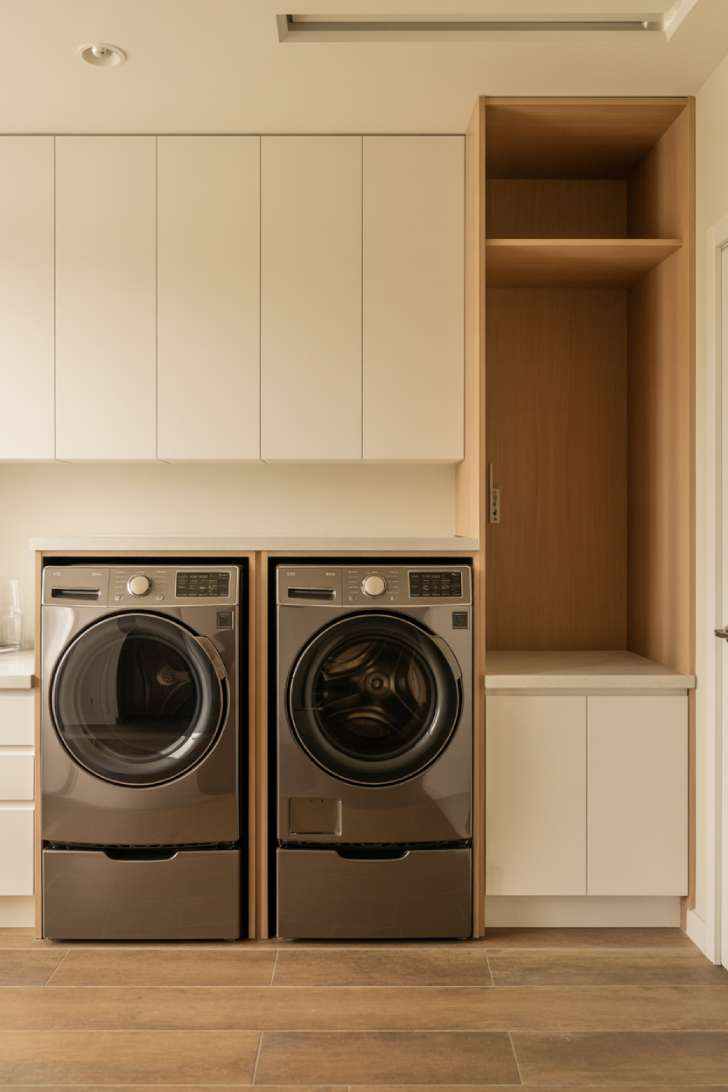 13 Luxury Laundry Room Ideas That Make Chores Enjoyable 7 Brushed graphite front-load washers and dryers with integrated Scandinavian drying cabinet in white flat-panel laundry room