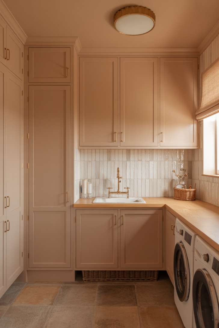 13 Luxury Laundry Room Ideas That Make Chores Enjoyable 8 Warm minimalist laundry room with mushroom beige cabinetry, zellige tile backsplash, and terracotta stone floor
