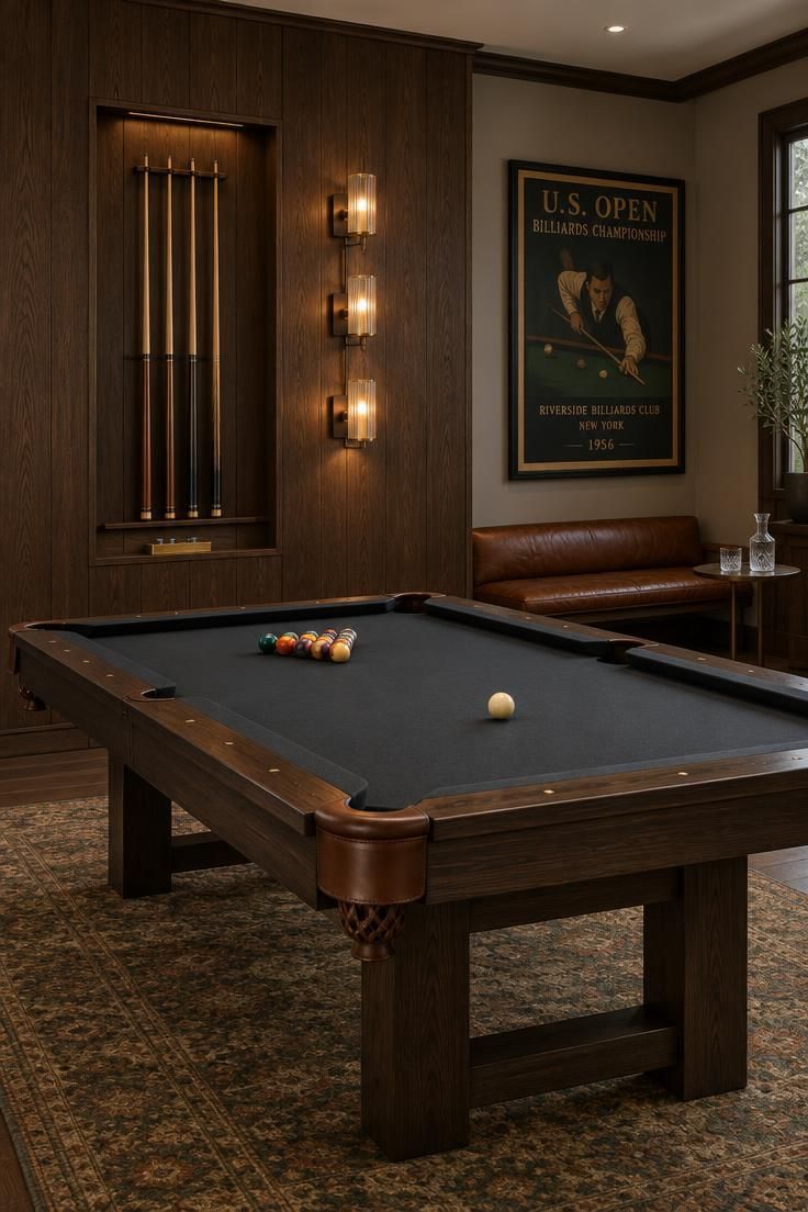 13 Cozy Luxury Man Cave Ideas for Grown-Up Guys to Enjoy 1 A warm game room with a smoked oak panel wall, a recessed cue niche holding four cue sticks, and a slate-top billiards table with charcoal felt.