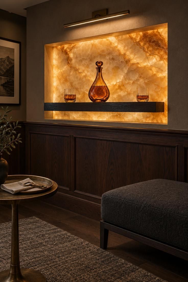 13 Cozy Luxury Man Cave Ideas for Grown-Up Guys to Enjoy 2 A backlit honey-onyx bar niche with a sculptural amber decanter, dark walnut wainscoting, and a bronze picture light in a moody lounge.