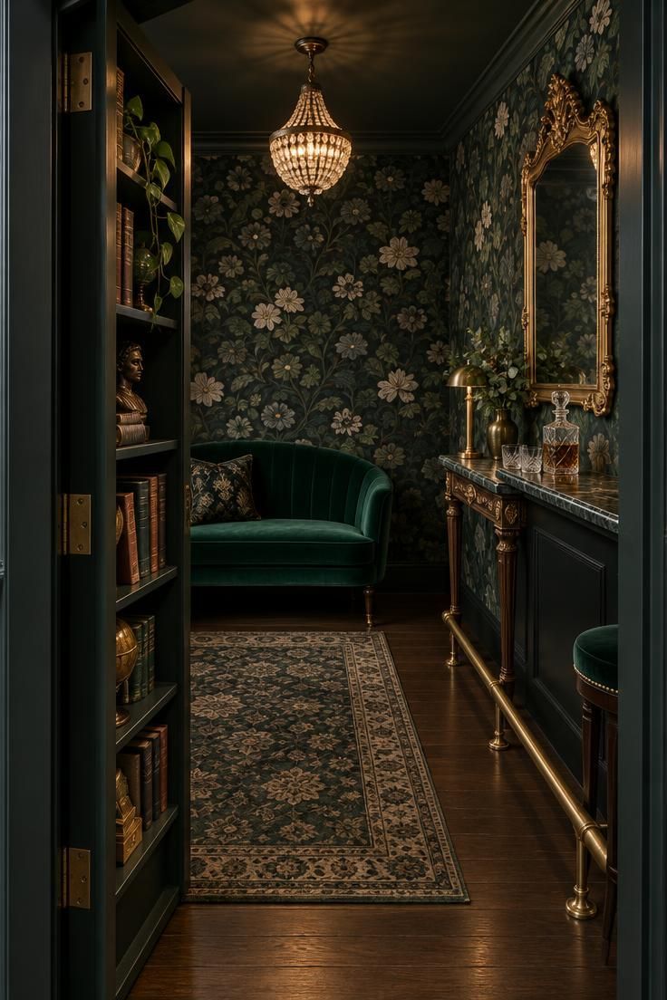 13 Cozy Luxury Man Cave Ideas for Grown-Up Guys to Enjoy 3 A hidden lounge behind an open bookcase door with dark floral wallpaper, an emerald velvet settee, a gold-framed mirror, and a brass footrail.