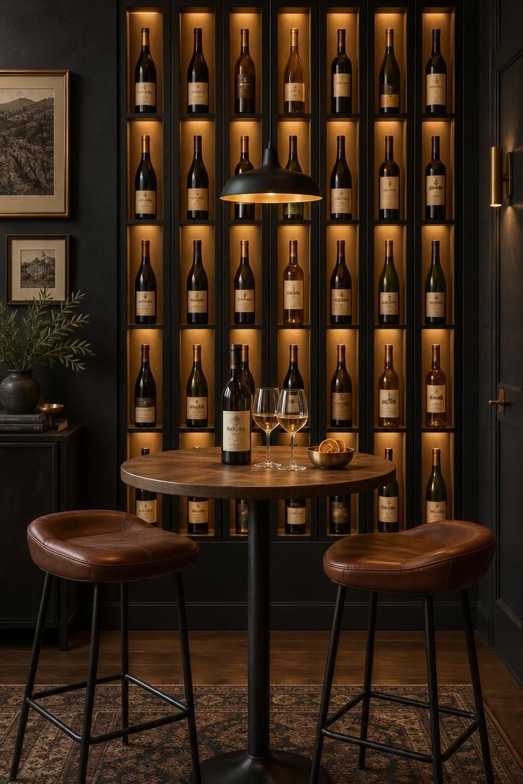 13 Cozy Luxury Man Cave Ideas for Grown-Up Guys to Enjoy 4 A wall of backlit wine bottle niches glowing amber and green above a small walnut tasting table with two leather stools.
