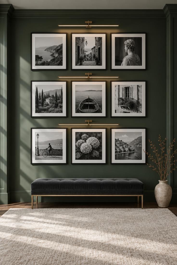 13 Cozy Luxury Man Cave Ideas for Grown-Up Guys to Enjoy 5 A gallery wall of black-framed black-and-white photographs lit by picture lights above a charcoal velvet bench on an ivory rug.