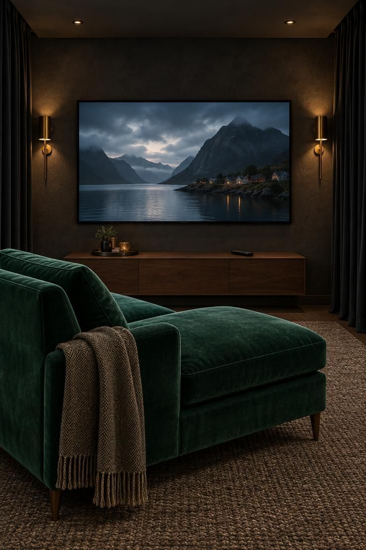13 Cozy Luxury Man Cave Ideas for Grown-Up Guys to Enjoy 6 A dark screening room with a flush-mounted screen, an emerald velvet chaise, brass wall sconces, and heavy blackout curtains.