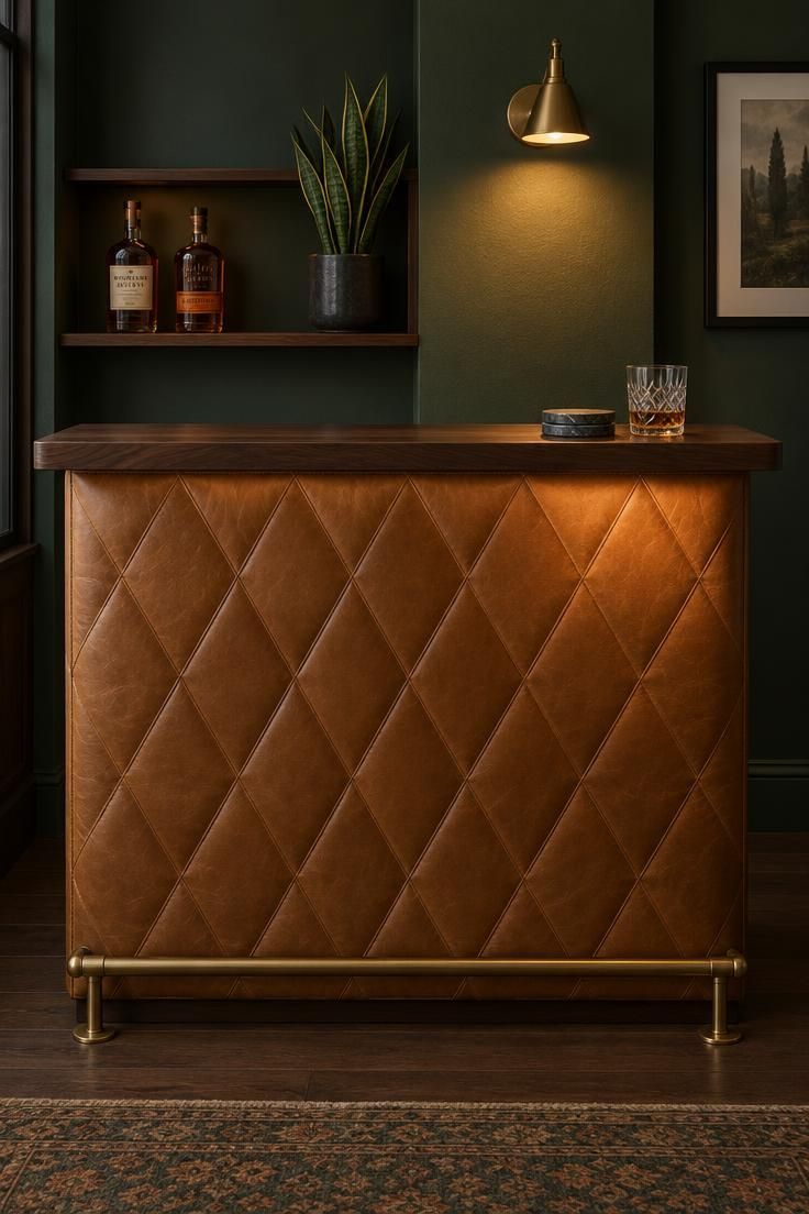 13 Cozy Luxury Man Cave Ideas for Grown-Up Guys to Enjoy 7 A compact home bar with a caramel leather-wrapped front, brass foot rail, dark walnut counter, and amber bottles on a built-in shelf.
