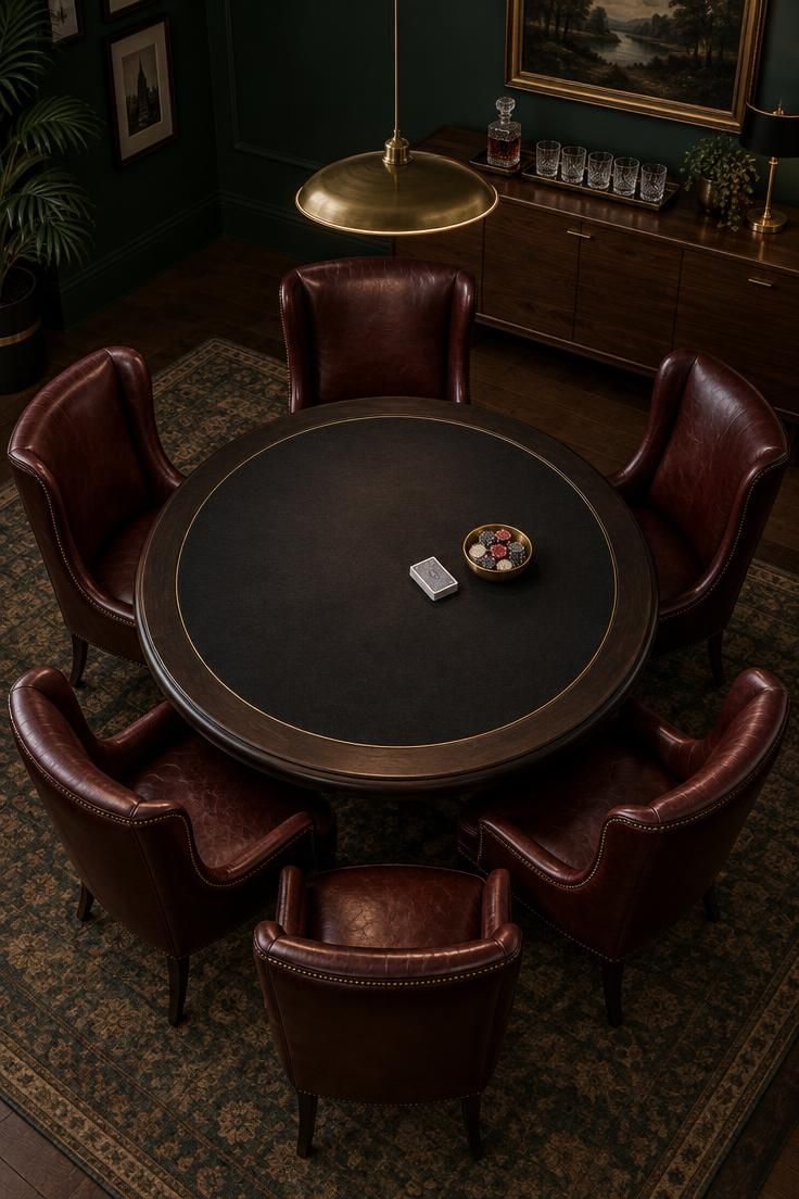 13 Cozy Luxury Man Cave Ideas for Grown-Up Guys to Enjoy 8 An overhead view of a round black-felt poker table under an oval brass pendant with six oxblood leather chairs and a walnut sideboard.