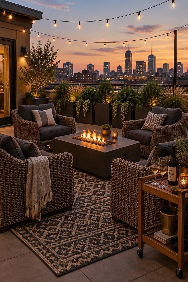 13 Cozy Luxury Man Cave Ideas for Grown-Up Guys to Enjoy 9 A rooftop terrace at dusk with a glowing fire table, four deep wicker chairs, tall planters, overhead string lights, and a teak bar cart.