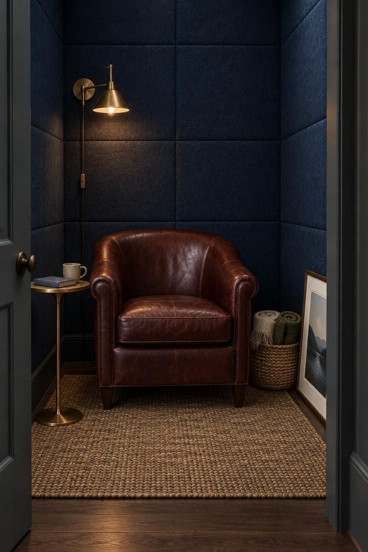 13 Cozy Luxury Man Cave Ideas for Grown-Up Guys to Enjoy 10 A small alcove with dark blue acoustic wall panels, an oxblood leather club chair, a brass side table, and a plug-in wall sconce.