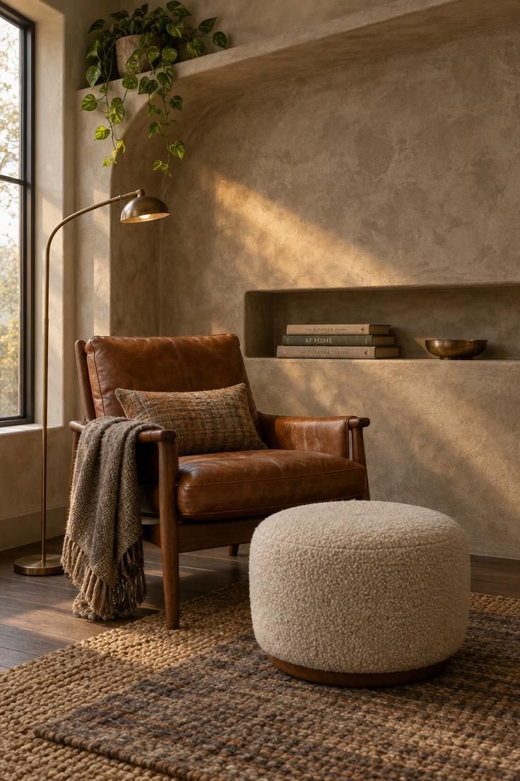 13 Cozy Luxury Man Cave Ideas for Grown-Up Guys to Enjoy 11 A plaster lounge alcove with a recessed shelf, cognac leather reading chair, brass floor lamp, and cream boucle ottoman.