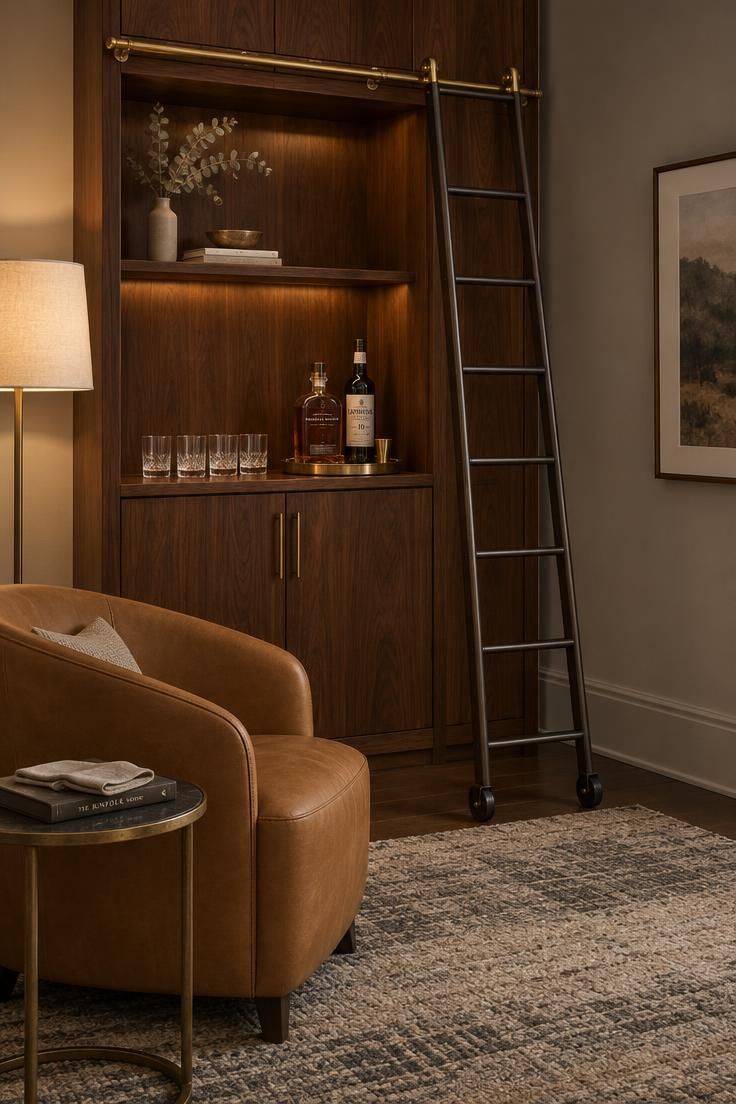 13 Cozy Luxury Man Cave Ideas for Grown-Up Guys to Enjoy 12 A warm walnut wall bar with open shelving, bottles and glasses, and a rolling library ladder beside a camel leather chair.