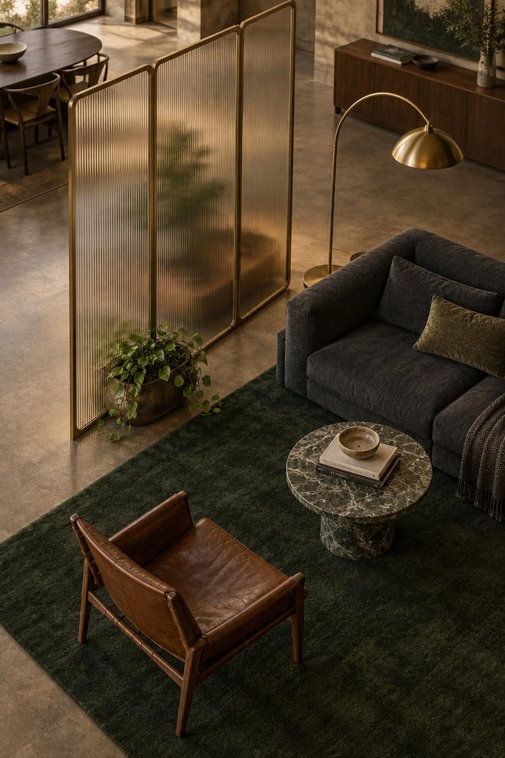 13 Cozy Luxury Man Cave Ideas for Grown-Up Guys to Enjoy 13 A fluted glass and brass divider separating a lounge corner with a charcoal sofa, a leather chair, and a round marble side table on a deep green rug.