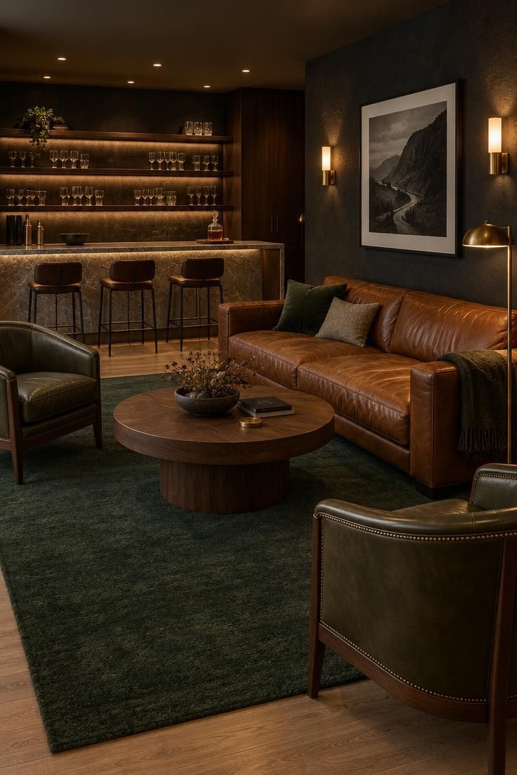 Simple Spaces 23 An evening view of a luxury man cave lounge with a backlit stone bar, a cognac leather sofa and club chairs around a walnut coffee table, layered warm lighting, and dark charcoal walls.