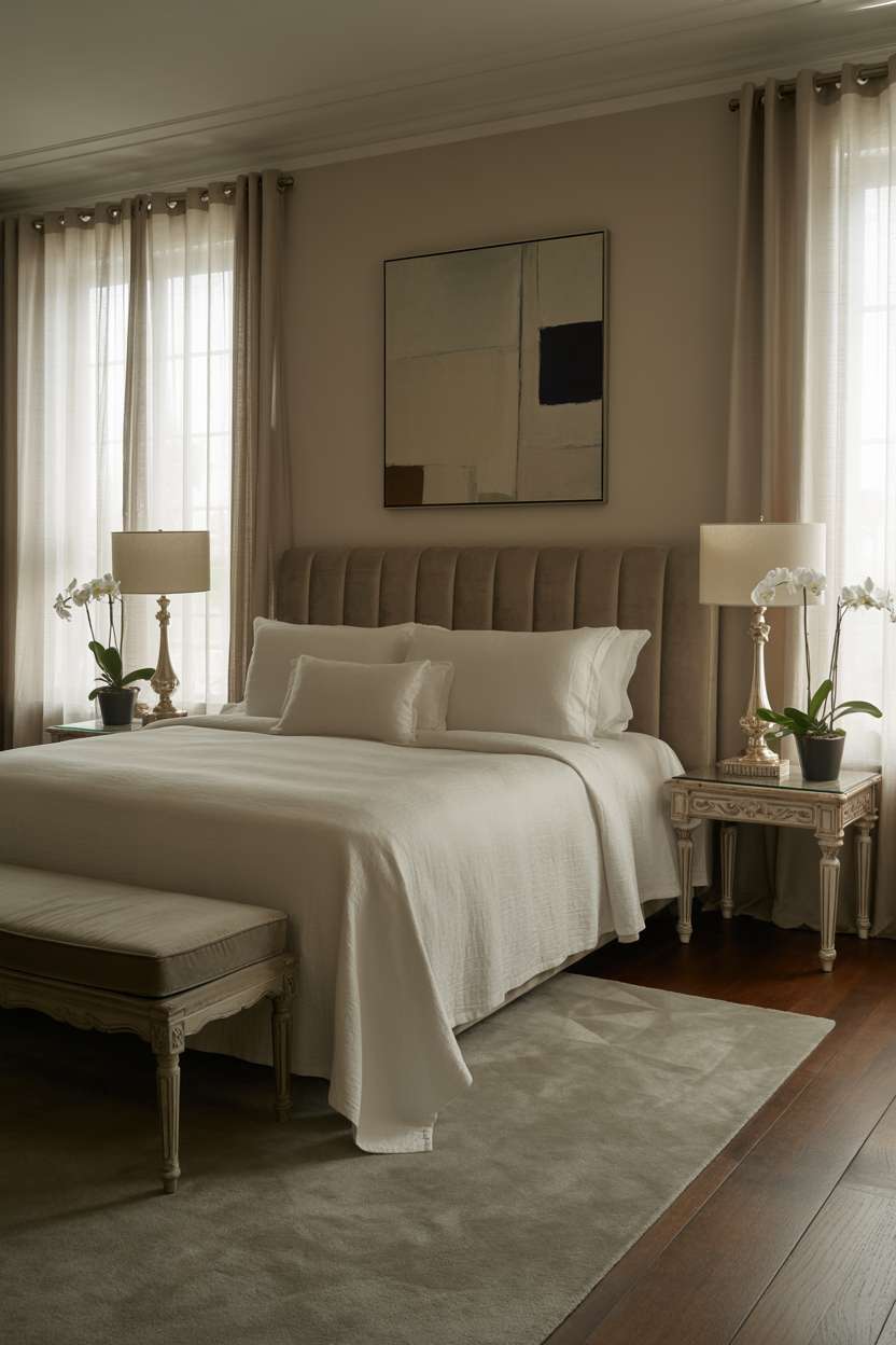King-size bed with white linen bedding and velvet headboard in minimalist bedroom with natural light