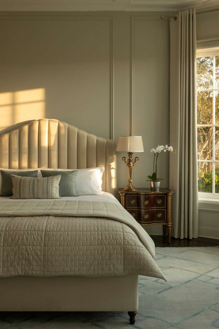 Luxurious master bedroom with cream velvet headboard and garden views through sheer curtains