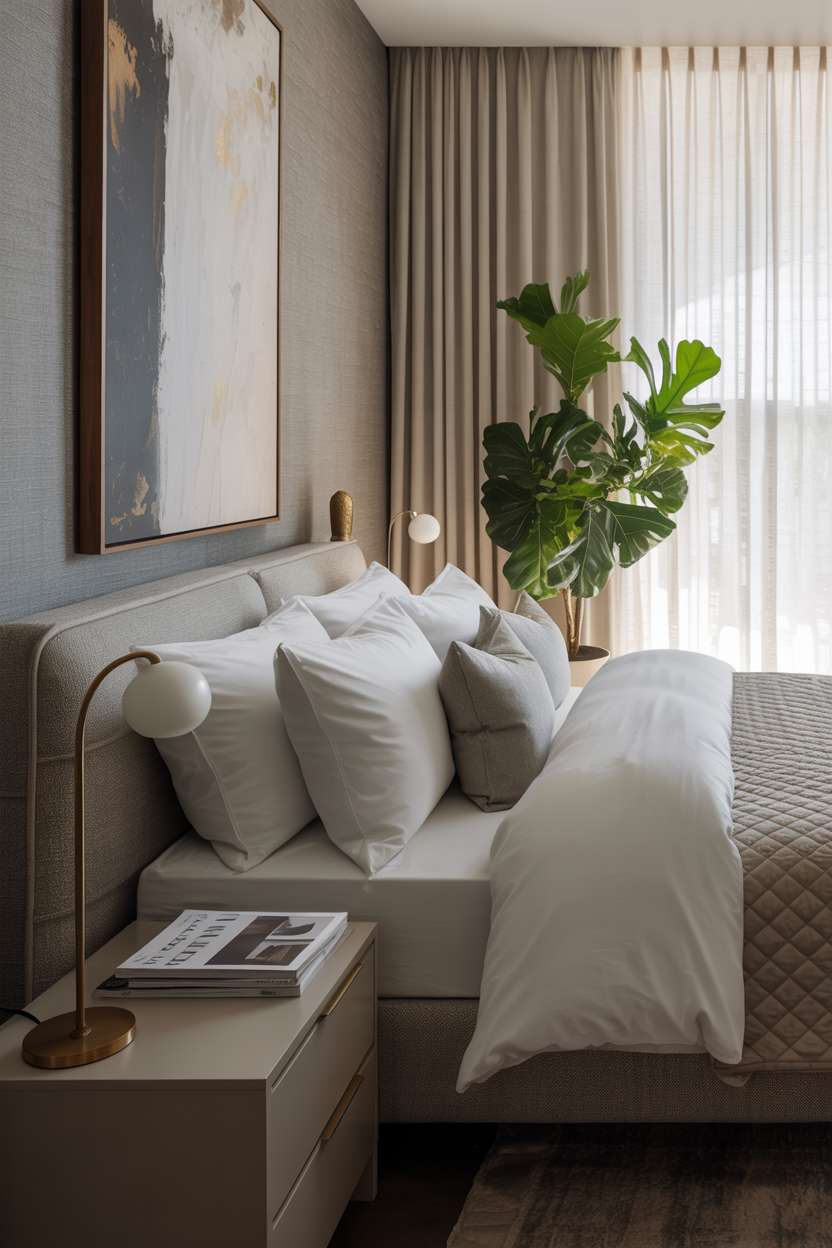 Modern bedroom featuring textured gray walls, abstract art, and white linen bedding with brass accents