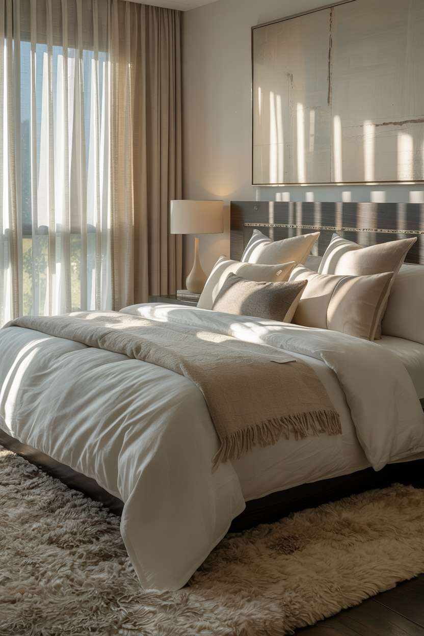 Elegant bedroom with dark wood headboard, silver accents, and cream area rug under natural light