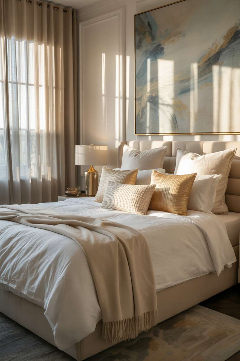 Sophisticated bedroom with gold-toned throw pillows, cashmere throw, and abstract blue-gray artwork