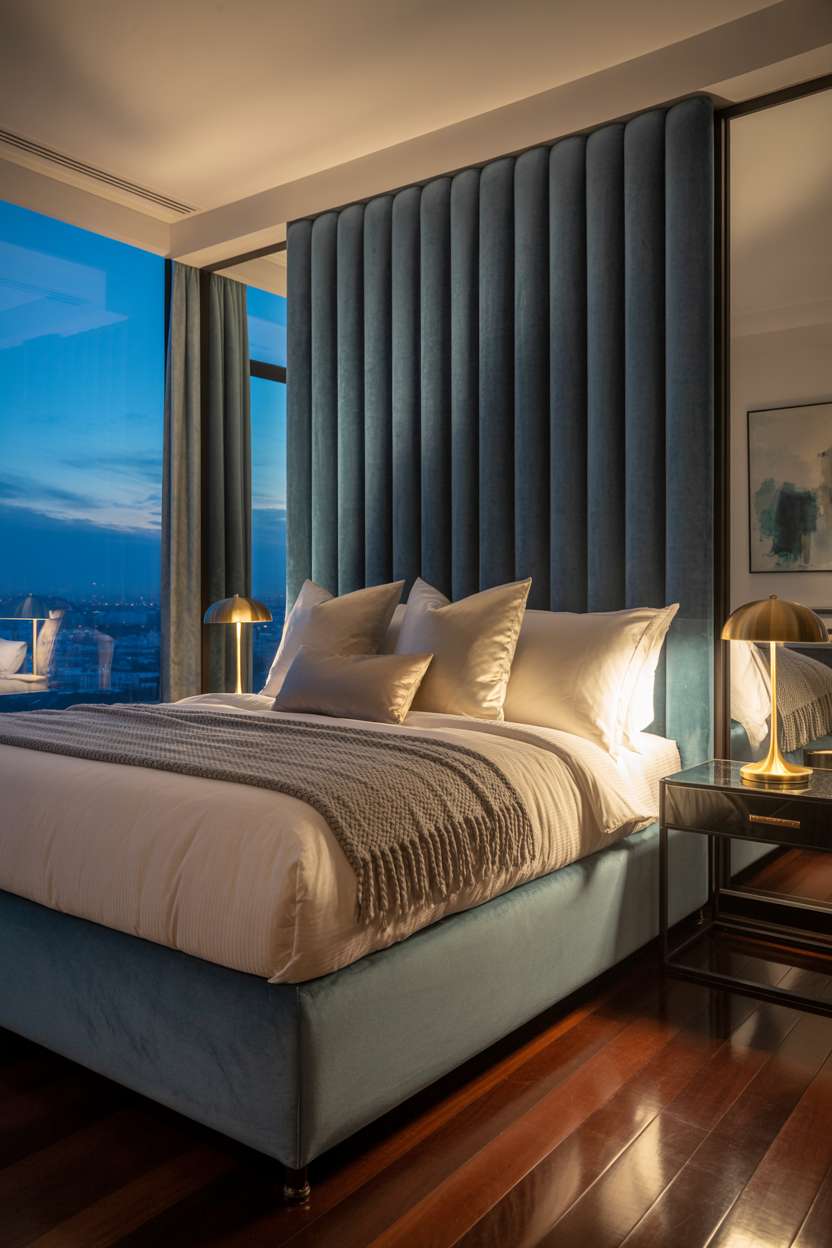 Opulent bedroom with deep sapphire blue velvet headboard and cityscape views at dusk