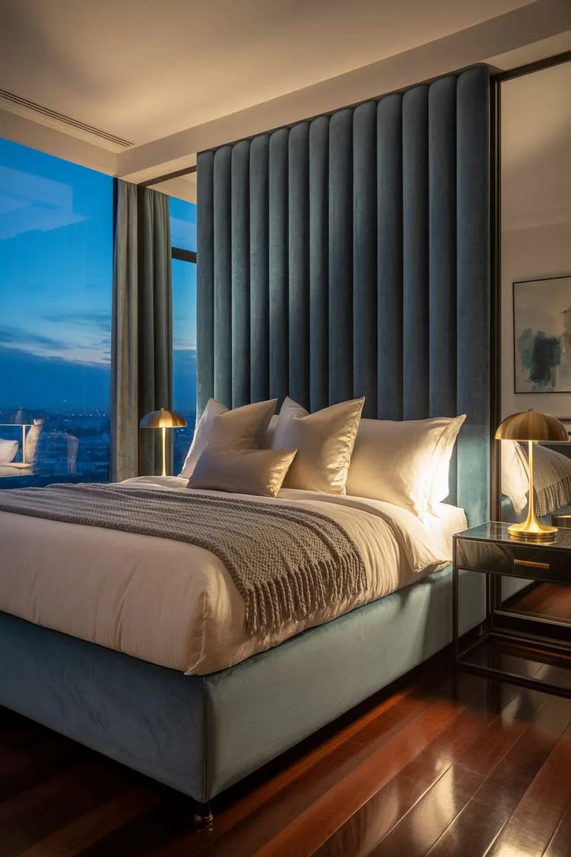 Opulent bedroom with deep sapphire blue velvet headboard and cityscape views at dusk