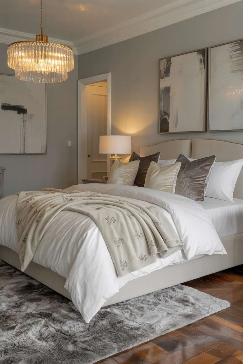 Luxurious bedroom with ornate chandelier, floral throw blanket, and polished hardwood floors