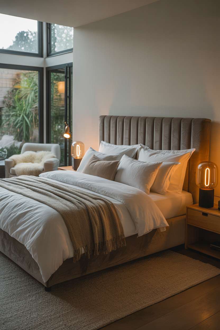 Peaceful bedroom with gray velvet headboard, garden views, and cozy armchair corner