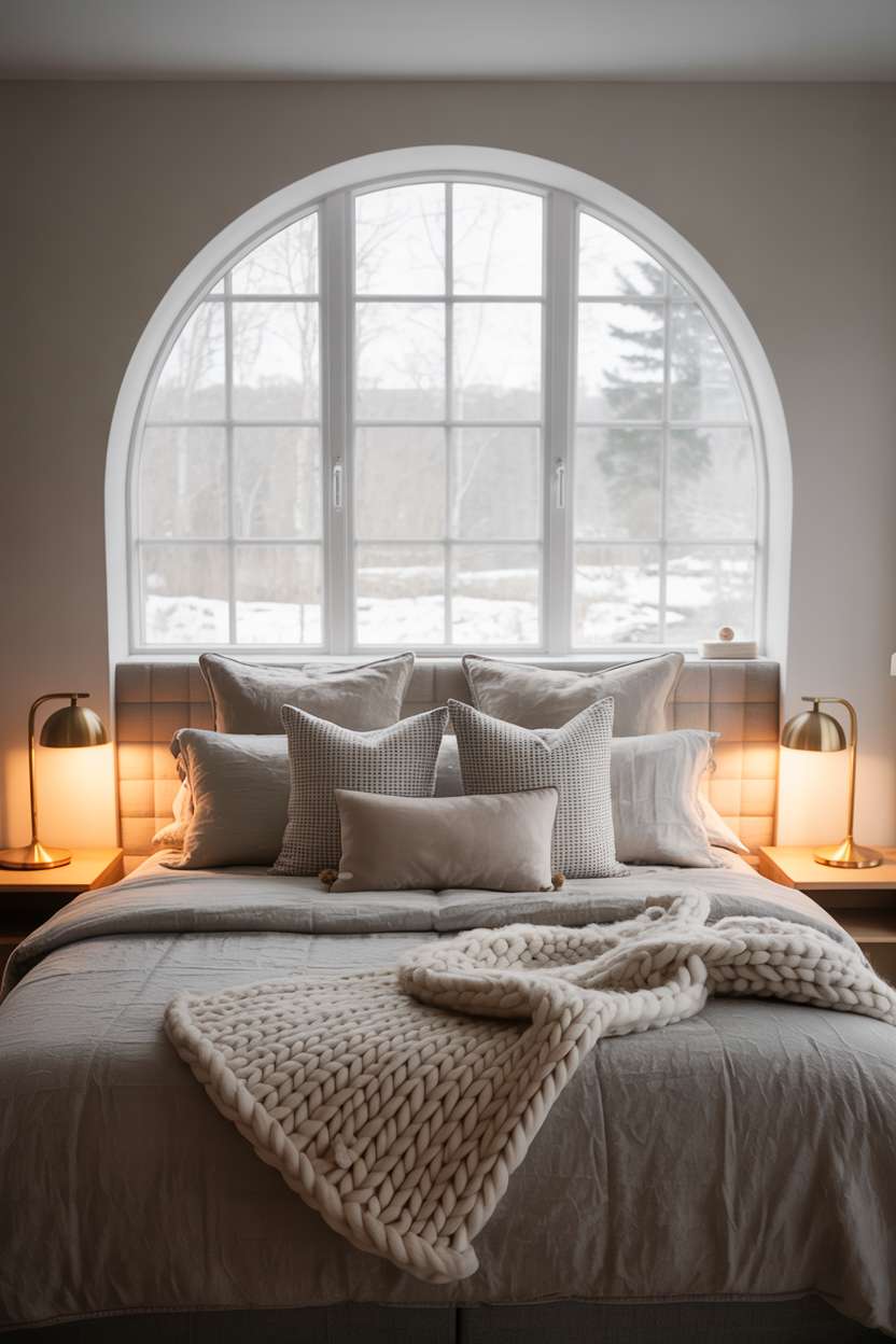 Cozy bedroom with arched window showing snowy landscape and chunky knit blanket