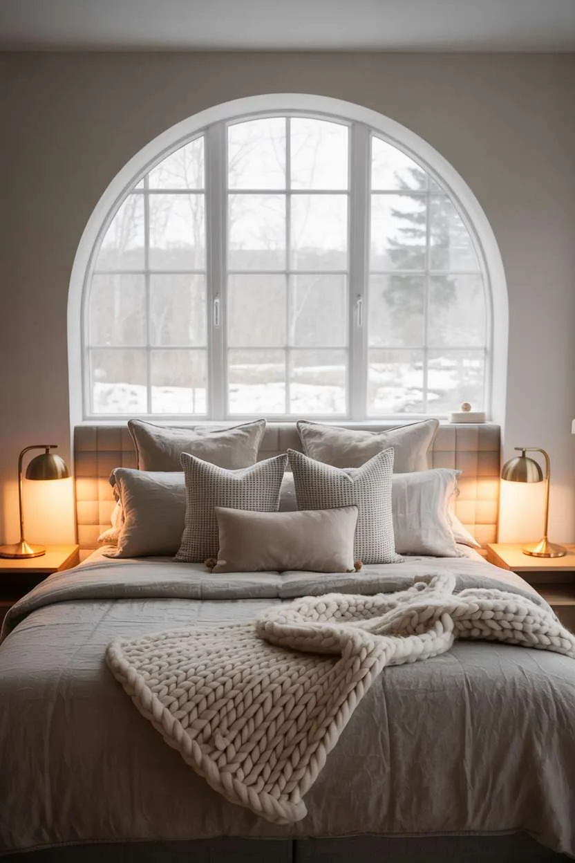 Cozy bedroom with arched window showing snowy landscape and chunky knit blanket