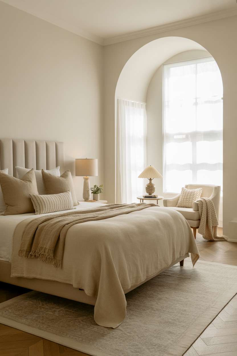 Inviting bedroom with warm off-white walls, textured area rug, and vintage lamp