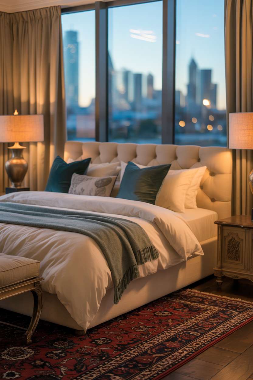 Stylish bedroom with cream linens, deep teal throw pillows, and city skyline views
