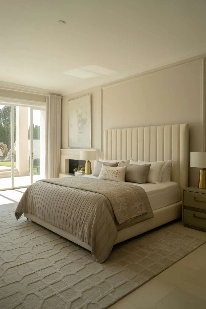 Sophisticated bedroom with geometric area rug, brass lamps, and abstract fireplace art