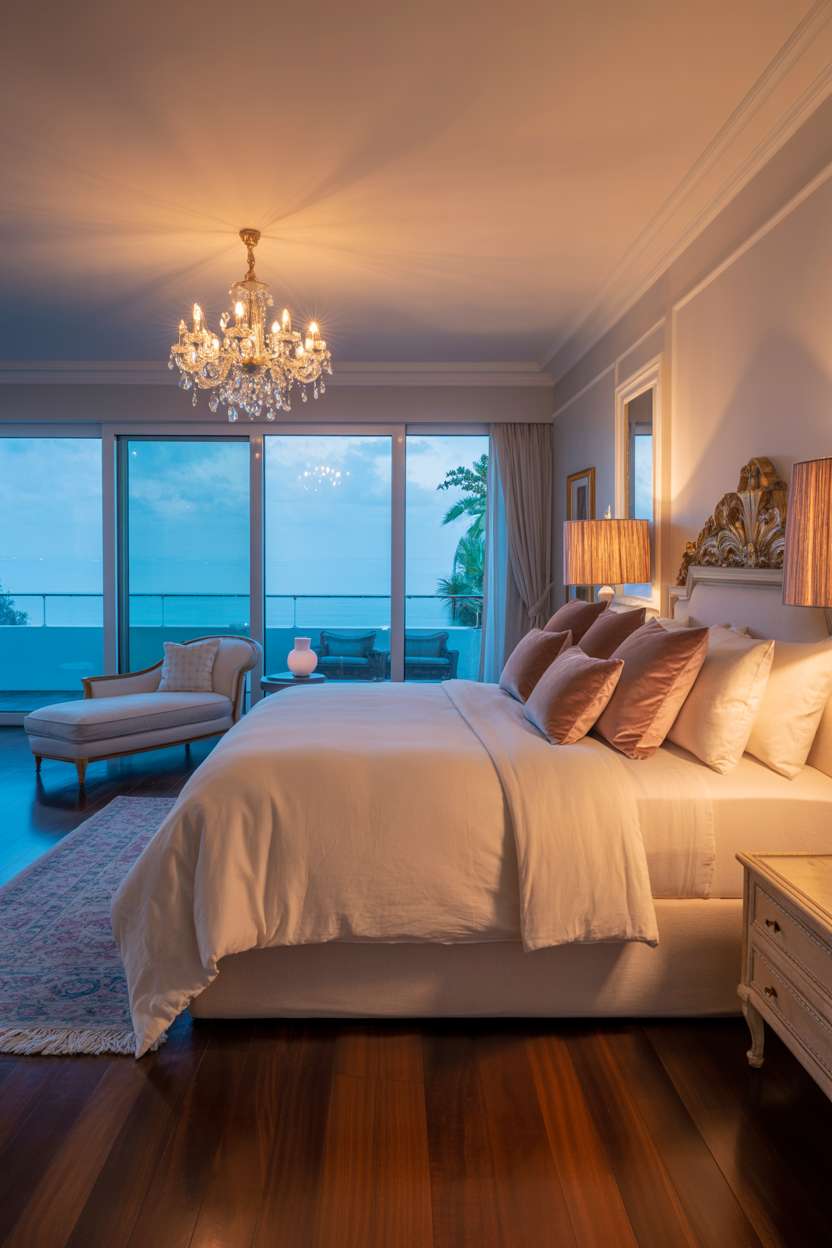 Luxurious bedroom with carved wooden headboard, crystal chandelier, and serene ocean views