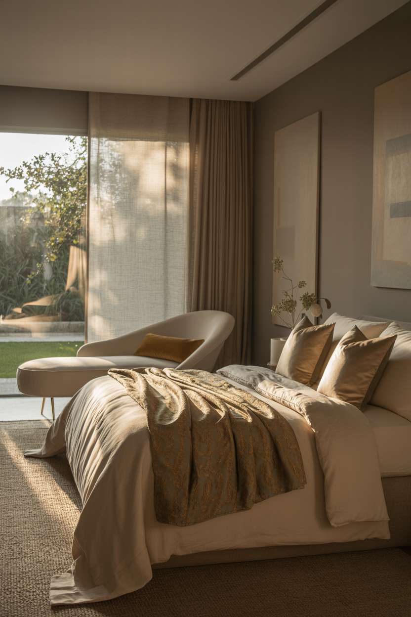 Elegant bedroom with ivory linens, gold-toned throw, and garden views through sheer curtains