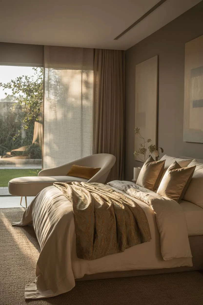 Elegant bedroom with ivory linens, gold-toned throw, and garden views through sheer curtains