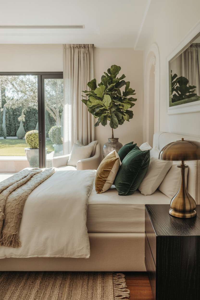 Luxurious bedroom with emerald green velvet pillows, champagne gold accents, and garden views