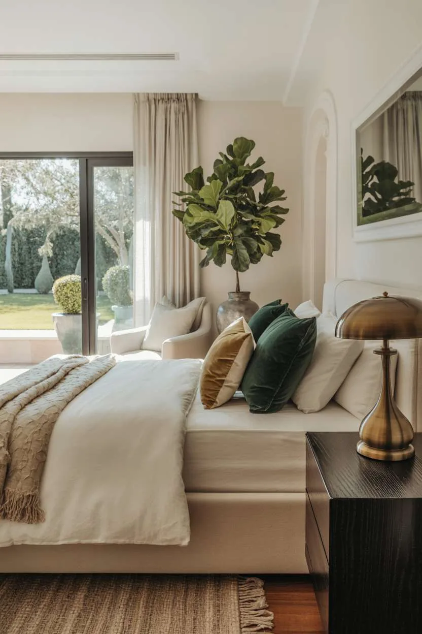 Luxurious bedroom with emerald green velvet pillows, champagne gold accents, and garden views