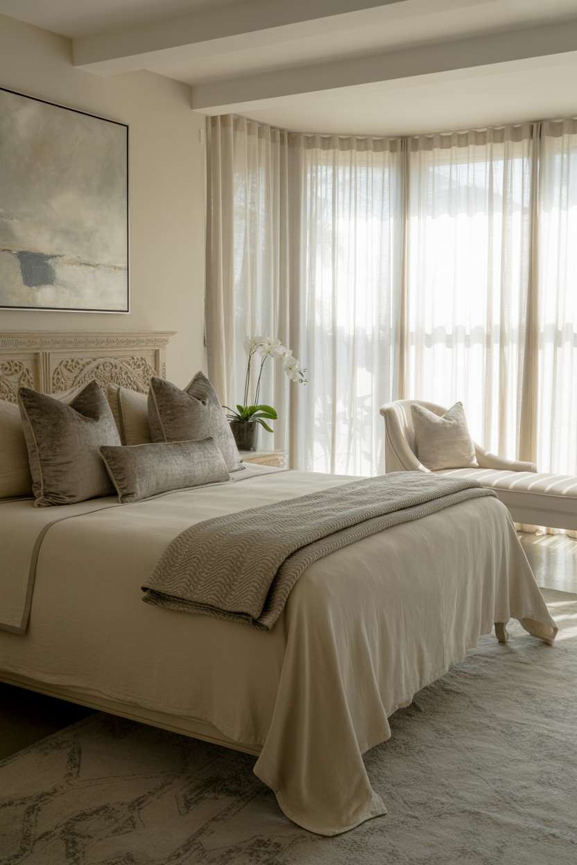 Serene bedroom with silver velvet pillows, carved wooden headboard, and corner chaise lounge
