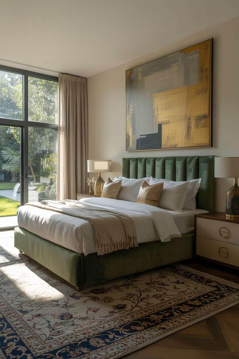 Sophisticated bedroom with emerald velvet headboard, silk pillows, and Persian rug