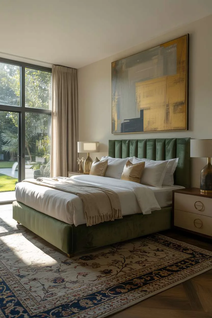 Sophisticated bedroom with emerald velvet headboard, silk pillows, and Persian rug