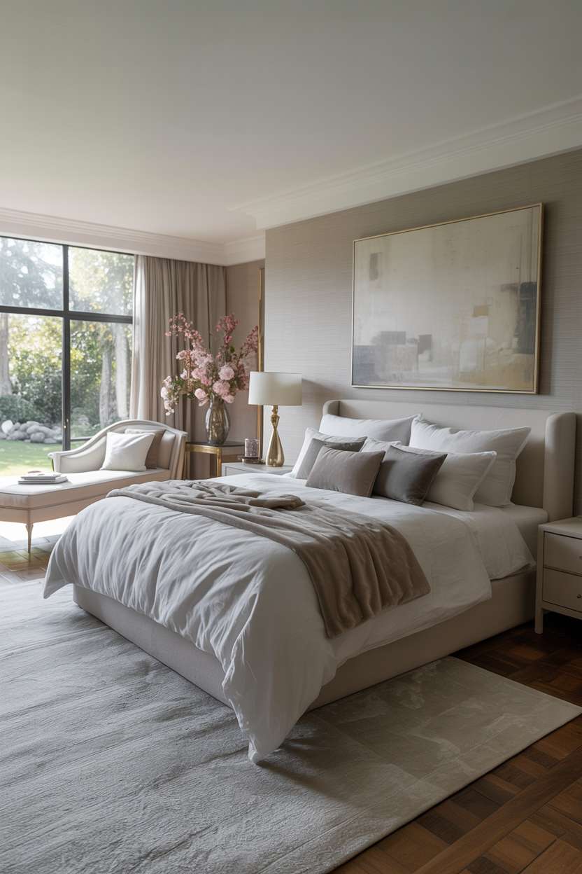 Elegant bedroom with textured wallpaper, brass lamps, and garden view chaise lounge