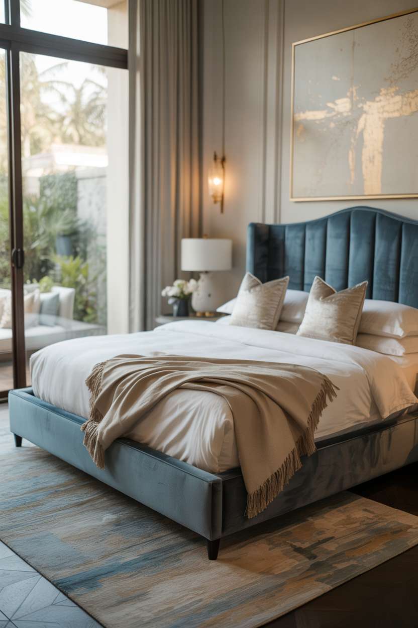 Luxurious bedroom with sapphire blue velvet headboard, gold abstract art, and garden views